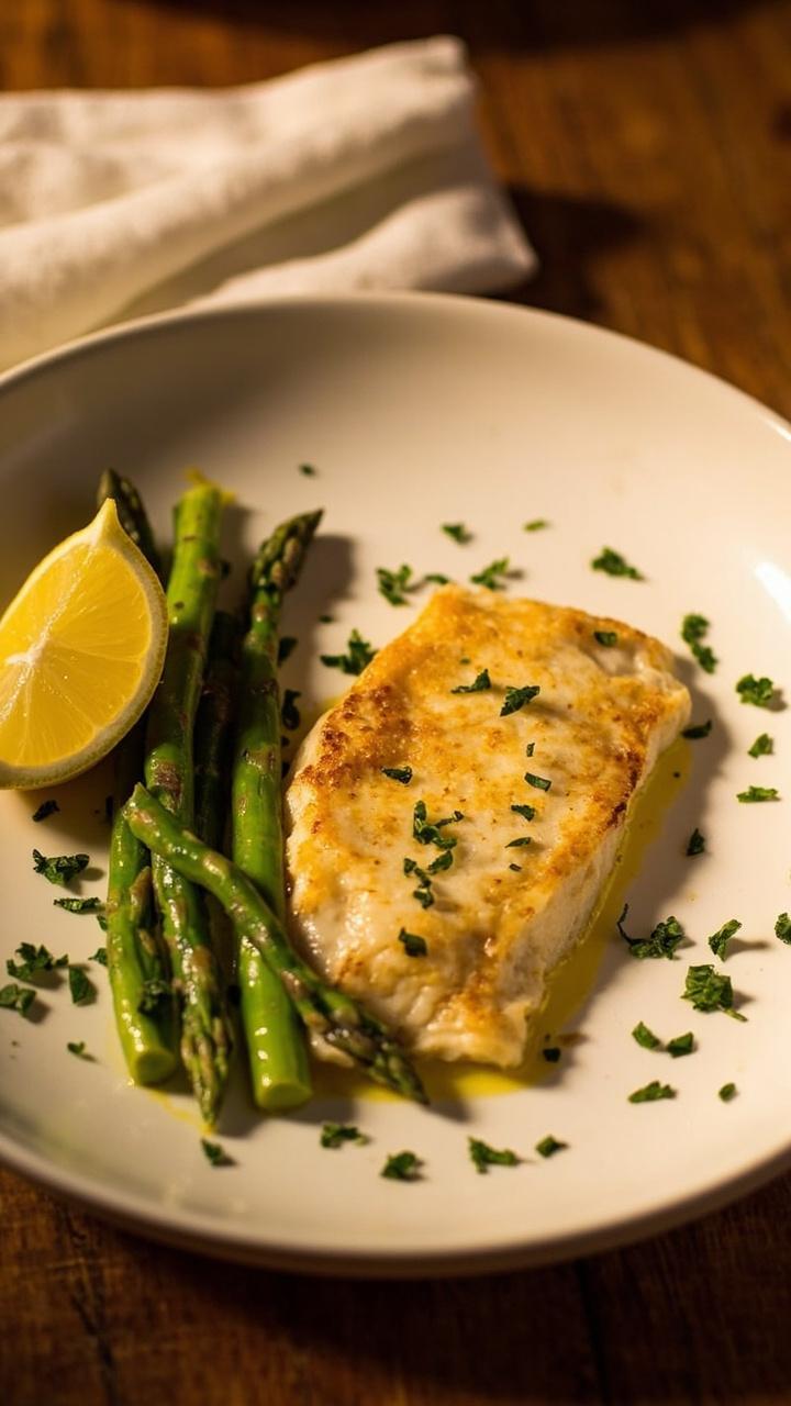 A golden baked cod fillet on a white dinner plate, steamed asparagus spears beside it, a halved lemon wedge, scattered chopped parsley, and a folded linen napkin on a warm wood table