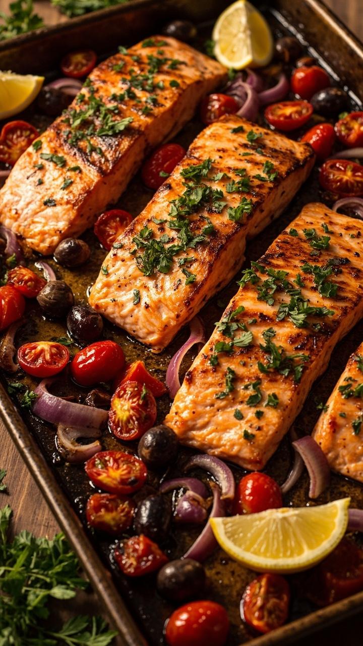 A sheet pan with four salmon fillets surrounded by blistered cherry tomatoes, sliced red onion, pitted Kalamata olives, lemon wedges on the side, and a sprinkle of chopped parsley