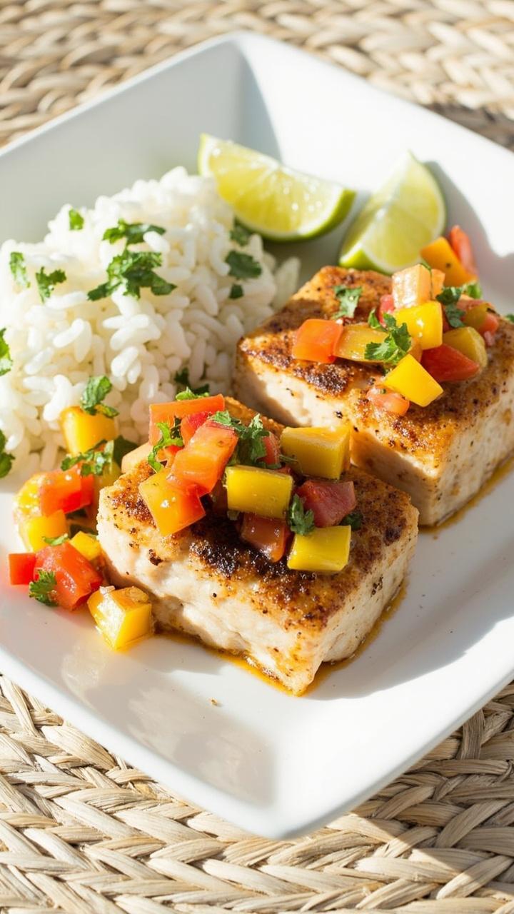 Two golden seared mahi mahi fillets on a square white plate topped with vibrant mango salsa, a small mound of cilantro-lime rice, lime wedge on the side, and a light woven placemat beneath