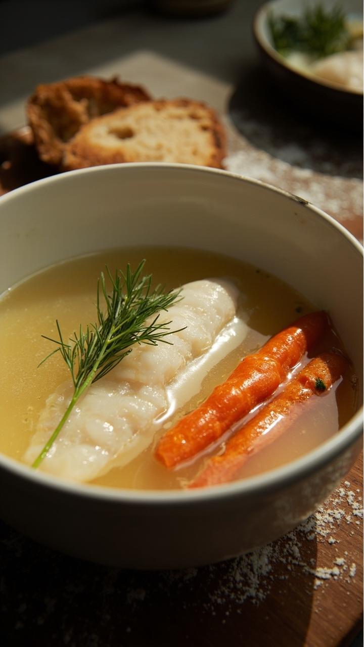 A shallow white bowl with a poached haddock fillet in pale herb broth, a few sprigs of dill resting on top, steamed baby carrots on the side, and a slice of crusty bread on a wooden board