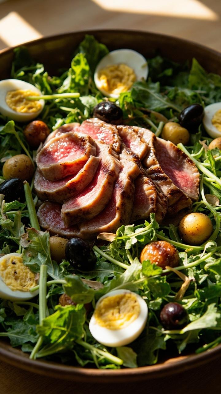 A large salad bowl with slices of seared tuna fanned over mixed greens, halved hard boiled eggs, green beans, small roasted potatoes, and a few black olives scattered on top