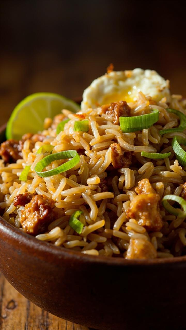 A deep ceramic bowl filled with golden rice, bite-sized pieces of sautéed chicken, thinly sliced green onions, and flecks of scrambled egg. The rice glistens lightly, and a wedge of lime sits on the side.