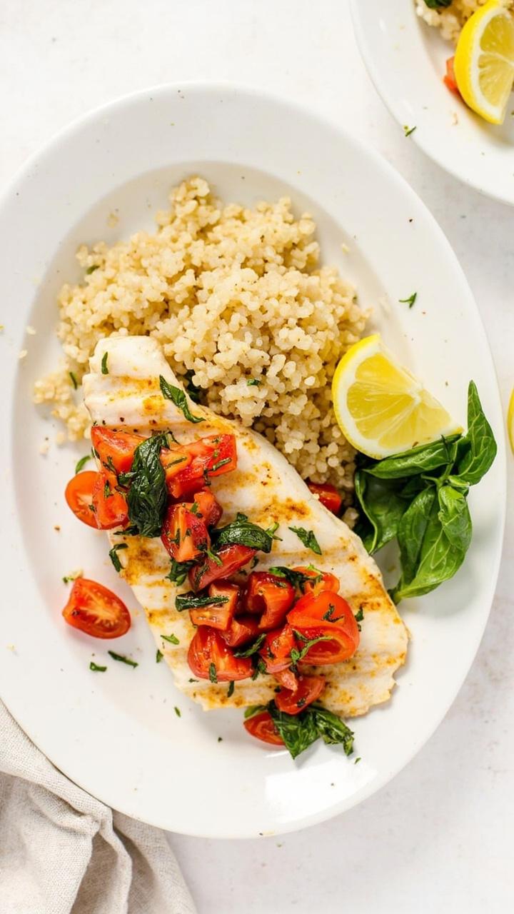 A shallow oval plate with a baked tilapia fillet topped with bright diced tomato and basil relish, a small side of quinoa, a lemon wedge, and a sprig of basil