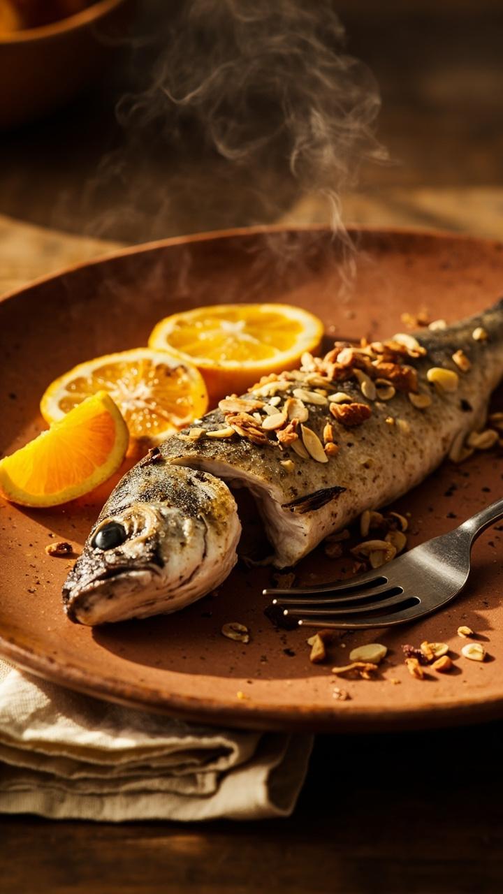 A whole grilled trout fillet on a rustic ceramic plate, thin orange slices along the side, toasted slivered almonds sprinkled over the fish, and a folded napkin beneath a fork