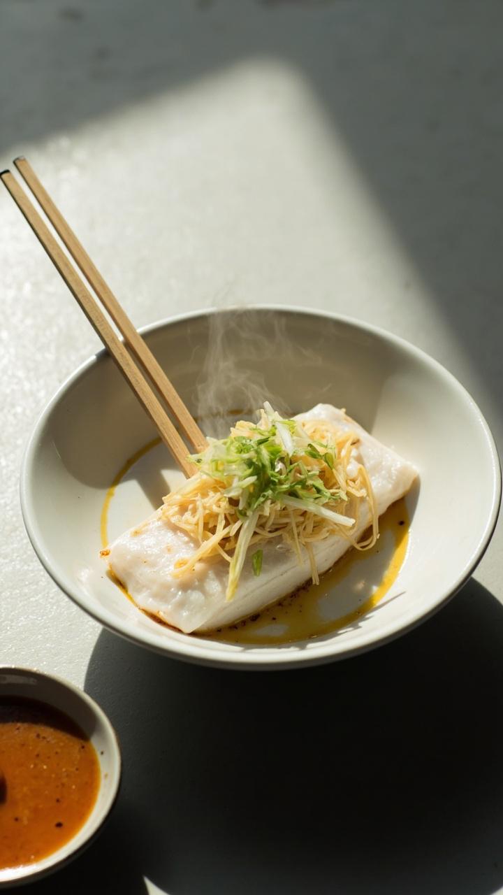 A white shallow bowl holding a steamed white fish fillet topped with julienned ginger and sliced scallions, a small dish of soy dipping sauce beside it, and a pair of chopsticks resting on the bowl rim