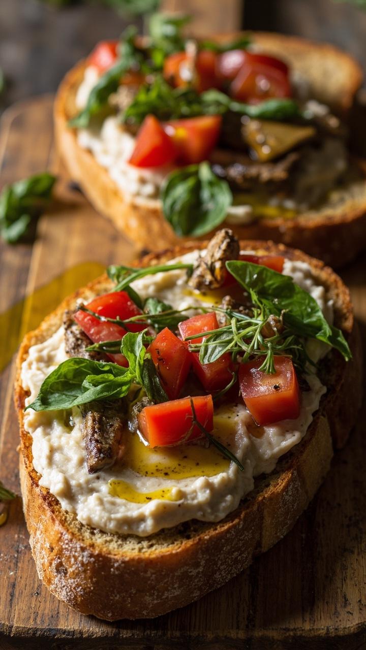 Two slices of toasted rustic bread topped with mashed sardines and olive oil, diced ripe tomato, torn basil leaves, and a drizzle of olive oil on a small wooden board