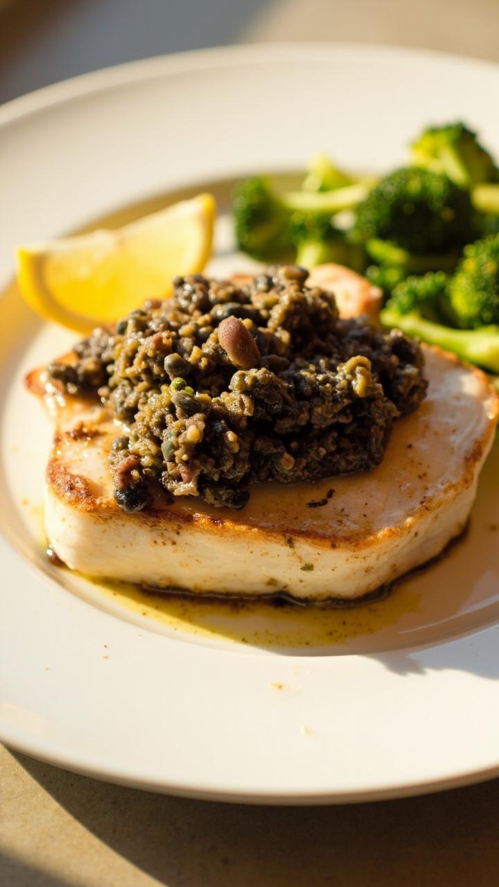 A thick broiled halibut steak on a round white plate topped with a dark olive tapenade, a small pile of blanched broccolini on the side, and a lemon wedge