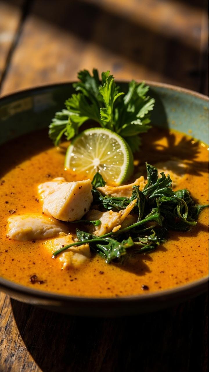 A shallow bowl filled with orange tinted coconut curry broth, chunks of white fish, wilted spinach, a lime wedge on the rim, and a sprig of cilantro on top