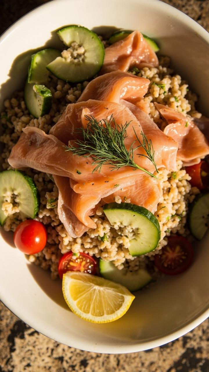 A shallow bowl with a bed of fluffy quinoa, thin ribbons of smoked salmon, cucumber slices, halved cherry tomatoes, a sprinkle of chopped dill, and a lemon wedge on the side