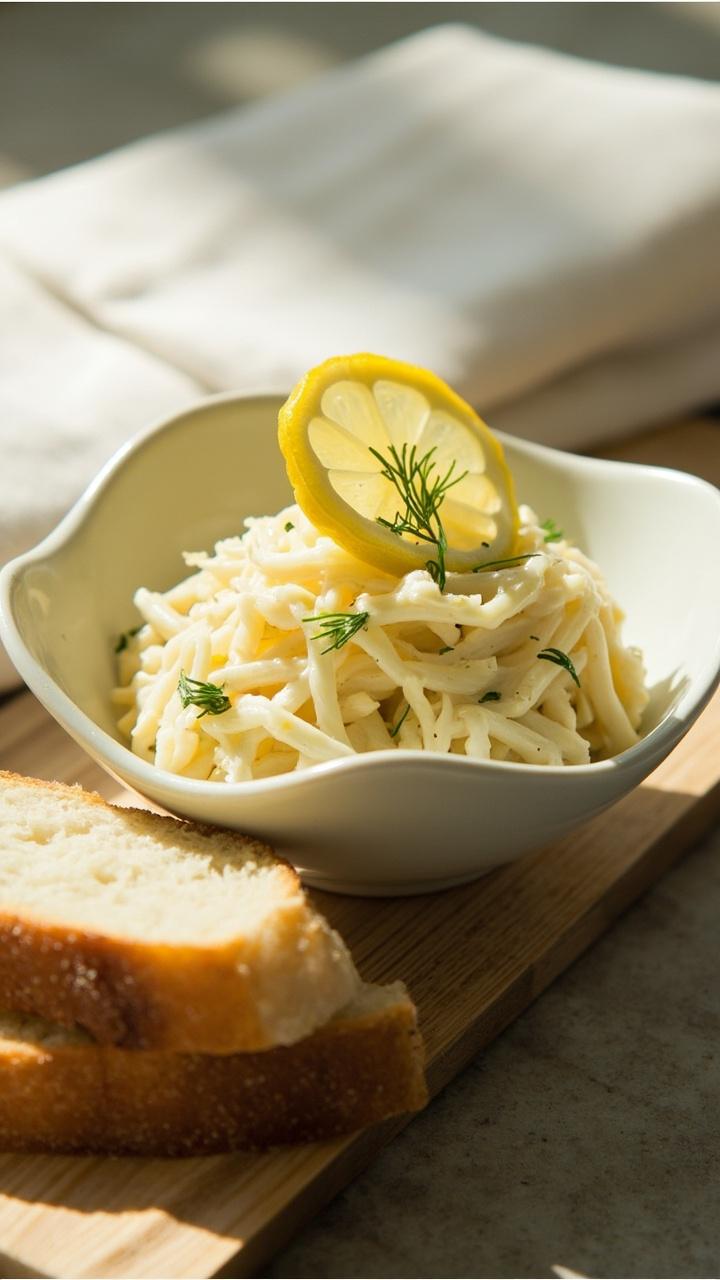 Flaked imitation crab tossed with pale yellow mayo and flecks of green dill in a shallow white bowl. A thin lemon wedge rests on the rim. A small crusty baguette slice sits beside the bowl on a wooden board. Soft natural light and a linen napkin complete the scene.