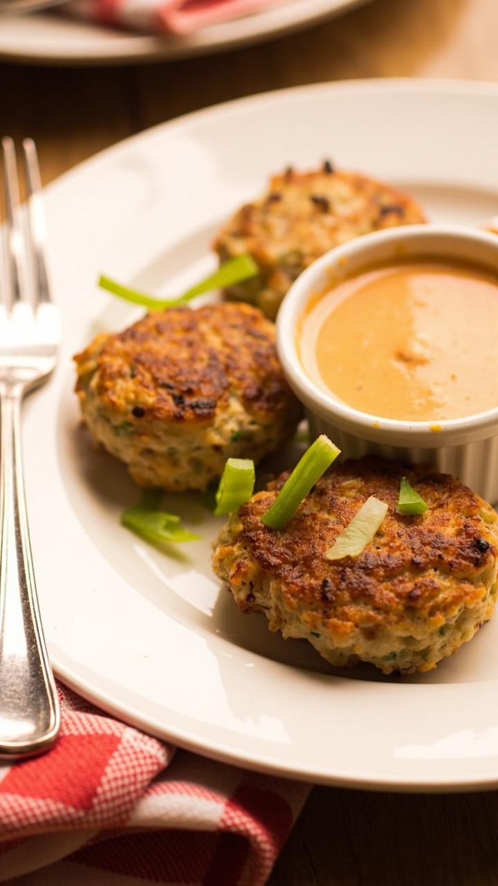 Three golden brown crab cakes on a white plate with a small ramekin of pale orange dipping sauce. Thin green scallion slices are scattered on top of the cakes. A folded checked napkin and a fork sit beside the plate.