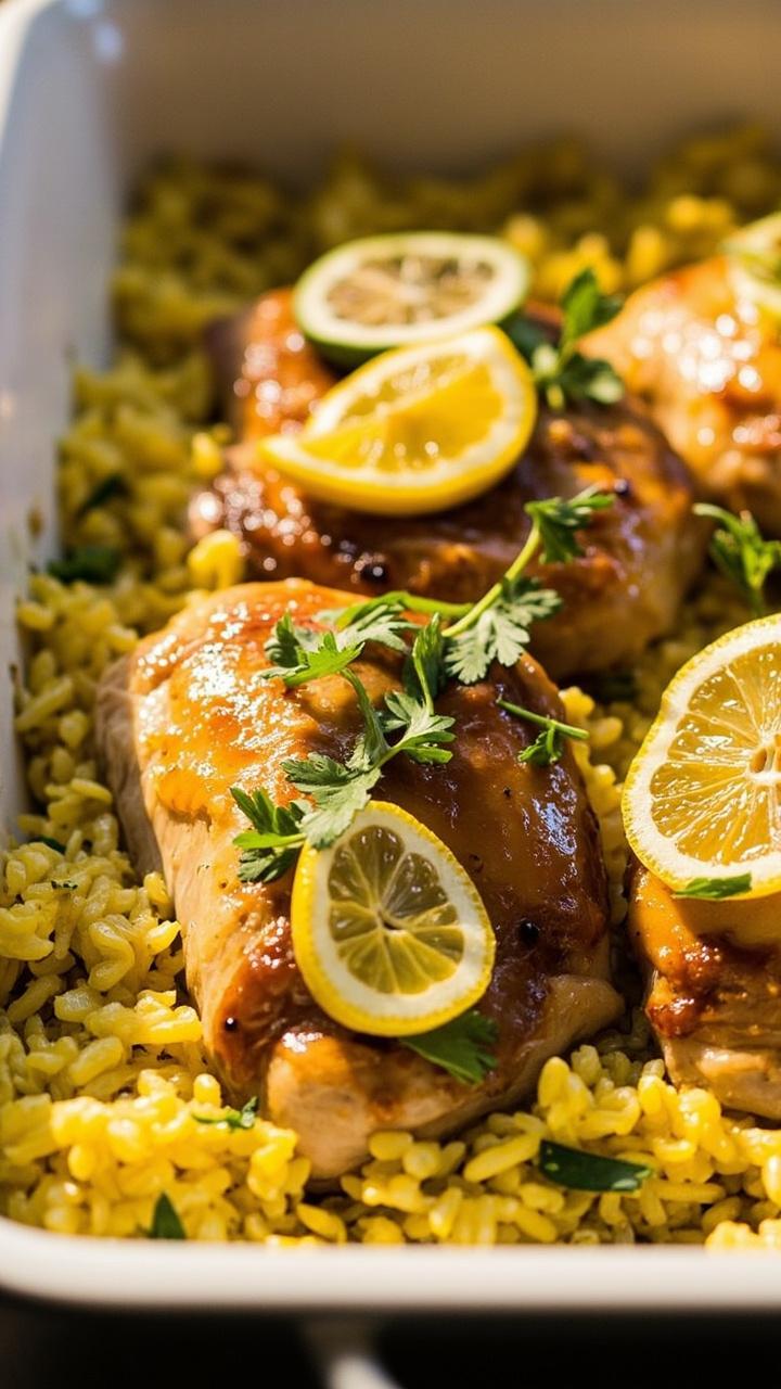 A rectangular white baking dish with golden-skinned chicken thighs nested on top of fluffy, yellow-flecked rice, sprinkled with chopped herbs. Lemon slices and a few sprigs of parsley dot the top.