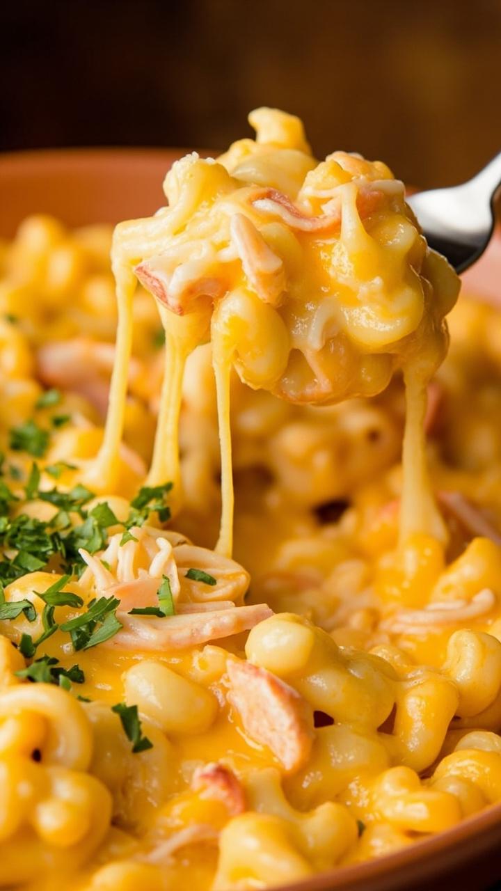 A deep dish of creamy golden macaroni speckled with shredded imitation crab and melted cheddar. A fork holds up a cheesy pull above the dish. A scattering of chopped parsley adds a green contrast.