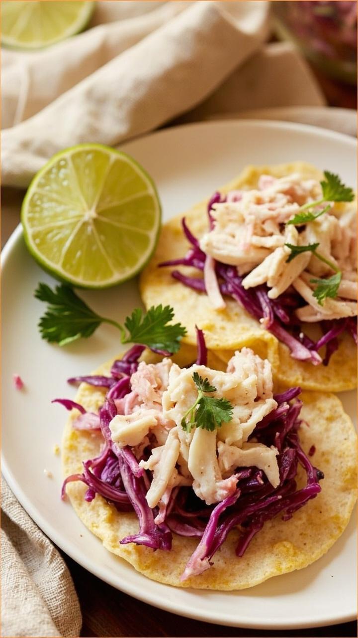 Two small corn tortillas filled with shredded imitation crab and bright purple cabbage slaw. Lime wedges sit on the plate and a few cilantro leaves top the tacos. A rustic napkin is folded beside the plate.