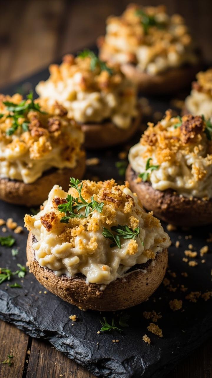 Half a dozen baked mushroom caps filled with a creamy pale filling and visible pieces of imitation crab. A sprinkling of toasted breadcrumbs and chopped parsley finishes the top. The mushrooms sit on a slate serving board.