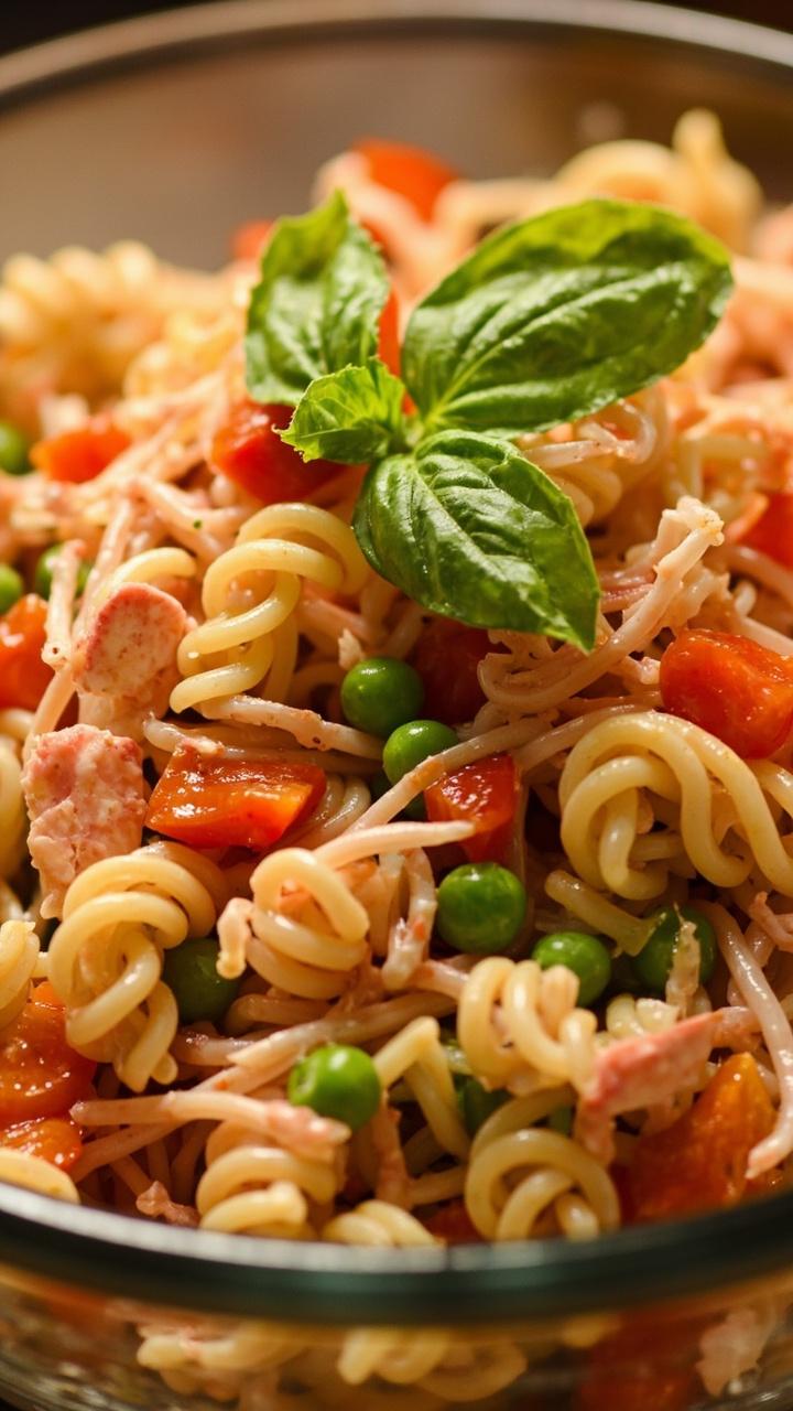 A glass bowl of tri color rotini pasta tossed with shredded imitation crab diced bell pepper and green peas. The dressing gives the pasta a glossy finish and a few basil leaves sit on top for color.
