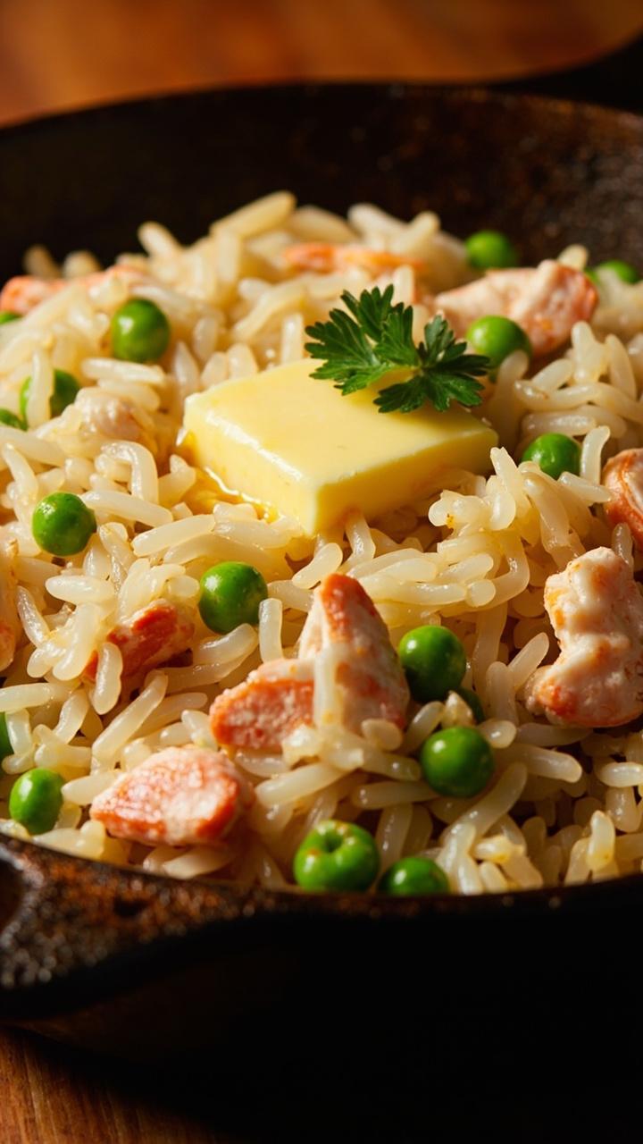 A cast iron skillet filled with glossy rice studded with chunks of imitation crab and bright green peas. A pat of melting butter sits in the center and a sprig of parsley adds a finishing touch.
