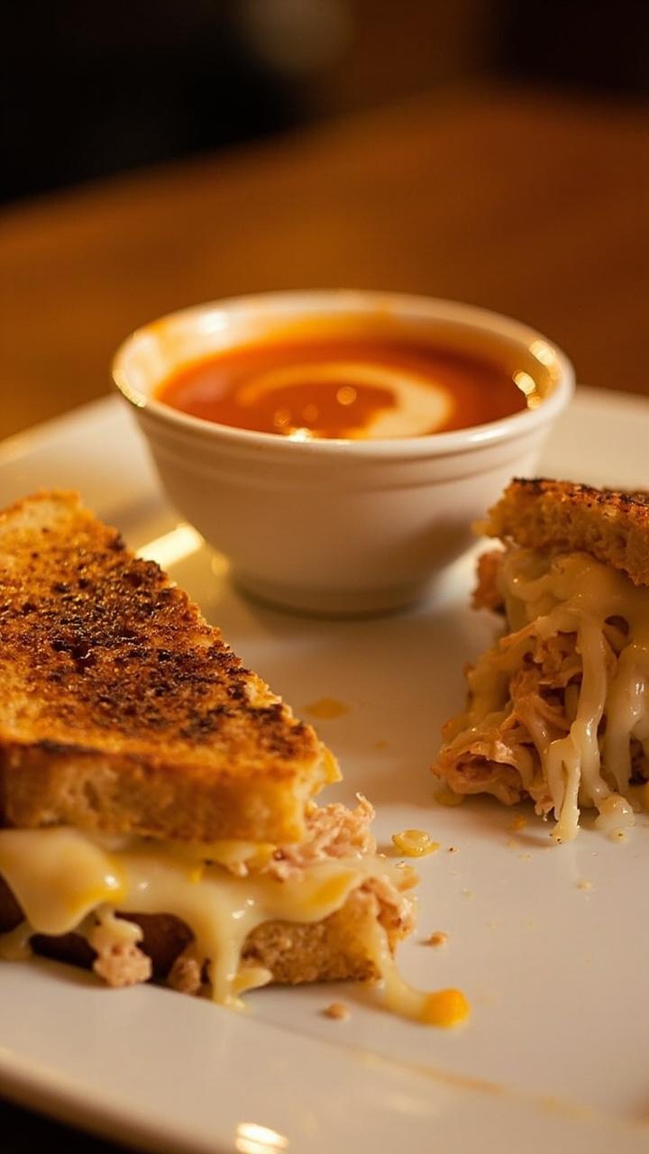 A cross section of a golden grilled cheese sandwich showing melted cheese and shredded imitation crab oozing slightly. The sandwich sits on a plate next to a small bowl of tomato soup.