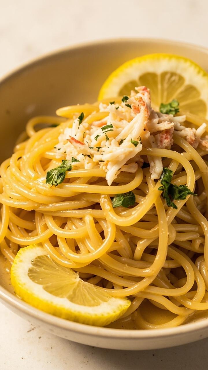 A shallow pasta bowl with spaghetti lightly coated in glossy lemon garlic sauce and topped with shredded imitation crab and chopped parsley. Thin lemon slices sit on the rim for garnish.