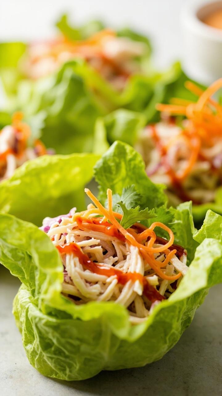 Bright green butter lettuce leaves each holding a mound of shredded imitation crab slaw and a drizzle of reddish sweet chili sauce. Thin carrot ribbons and cilantro leaves top the cups. A small dipping bowl sits in the background.