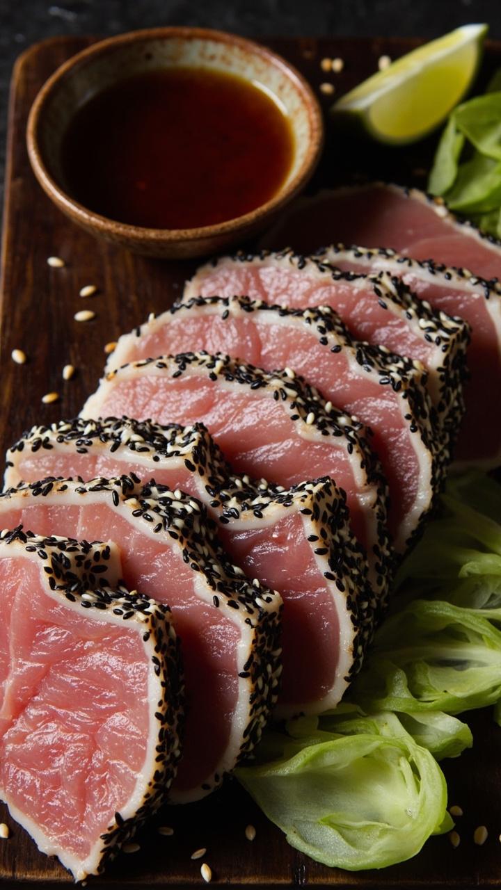 Thin slices of pink seared tuna with a black and white sesame crust fanned on a dark wooden board, a small ceramic bowl of soy dipping sauce, a few thin cucumber ribbons, a lime wedge, light scattering of sesame seeds