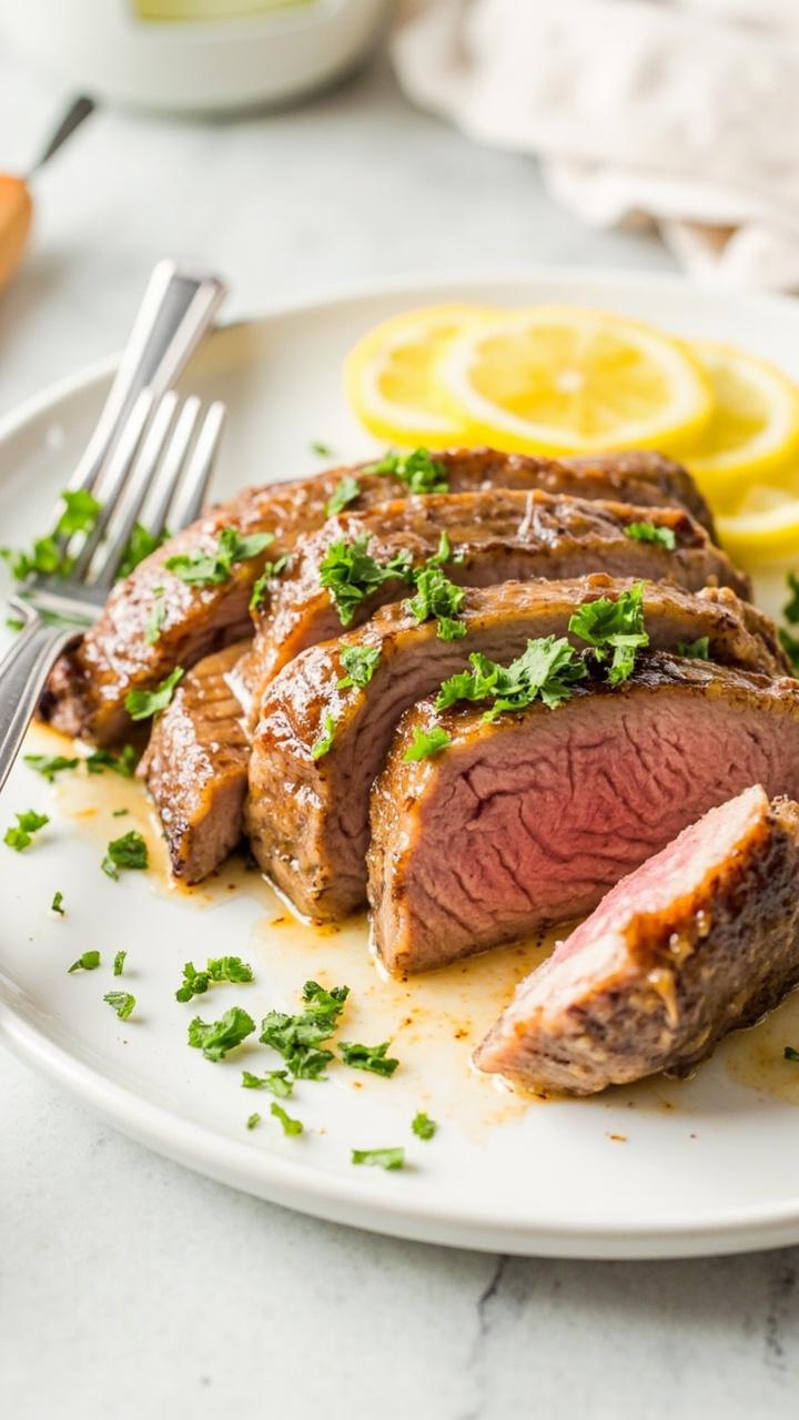 A single tuna steak cut into thick slices on a white dinner plate, light lemon butter glaze over the slices, scattered chopped parsley, a few thin lemon rounds on the side, a fork resting on the plate