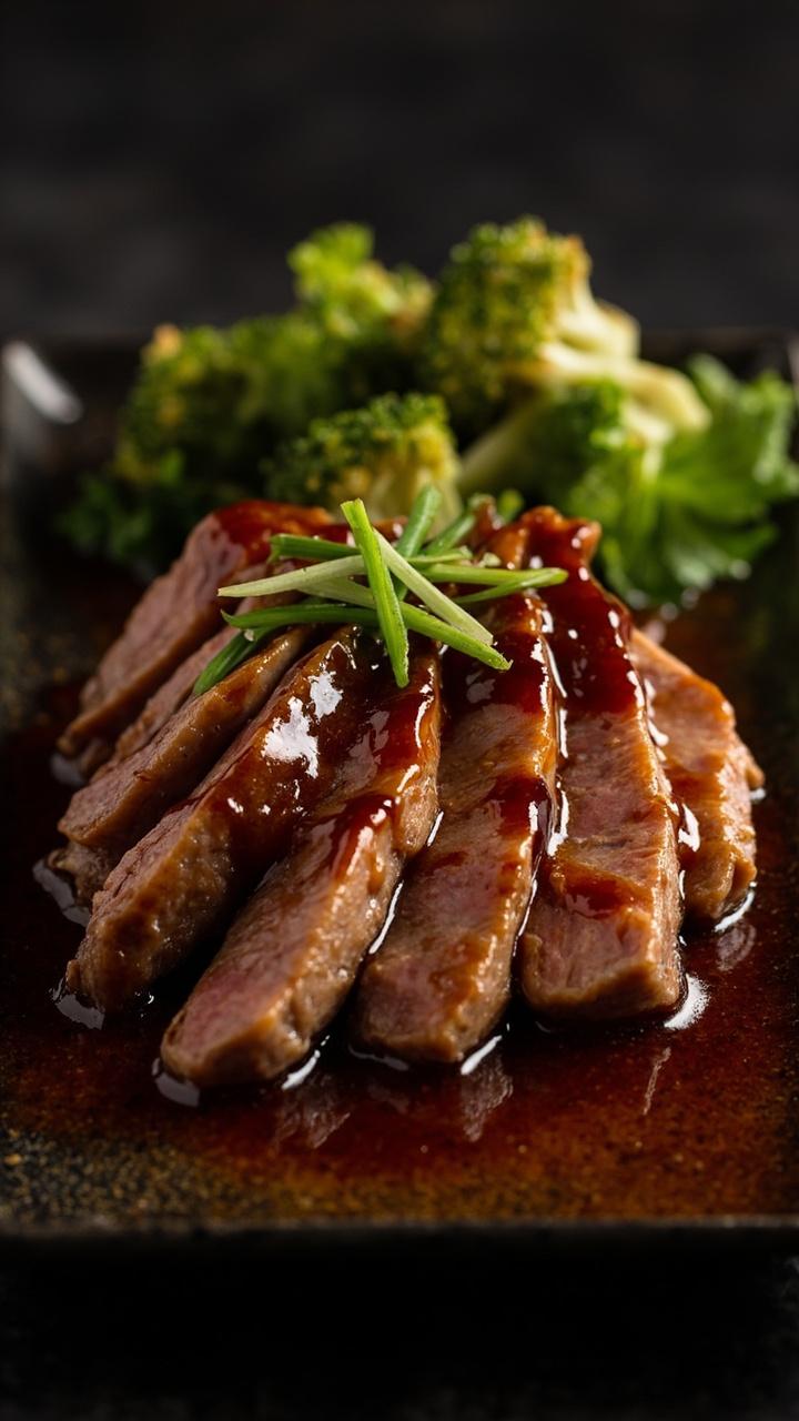 A dark rectangular plate with a glazed tuna steak sliced into thick medallions, glossy dark teriyaki sauce pooling beneath, steamed broccoli florets on the side, scallion slivers sprinkled on top