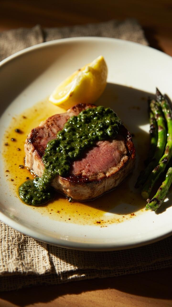 A charred tuna steak on a ceramic plate topped with bright green chimichurri sauce, lemon wedge at the side, a small pile of grilled asparagus spears, rustic napkin underneath the plate