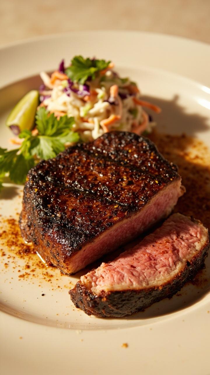 A blackened tuna steak whole on a light colored plate, a small mound of creamy coleslaw to one side, a lime wedge and a sprig of cilantro, flecks of spice visible on the crust