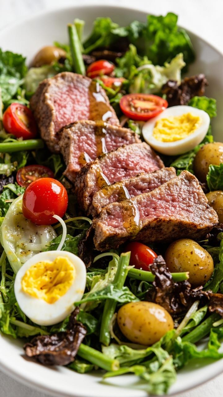 A wide shallow bowl with a bed of mixed greens, halved cherry tomatoes, blanched green beans, baby potatoes, a sliced seared tuna steak laid across the top, a hard boiled egg half, drizzle of vinaigrette