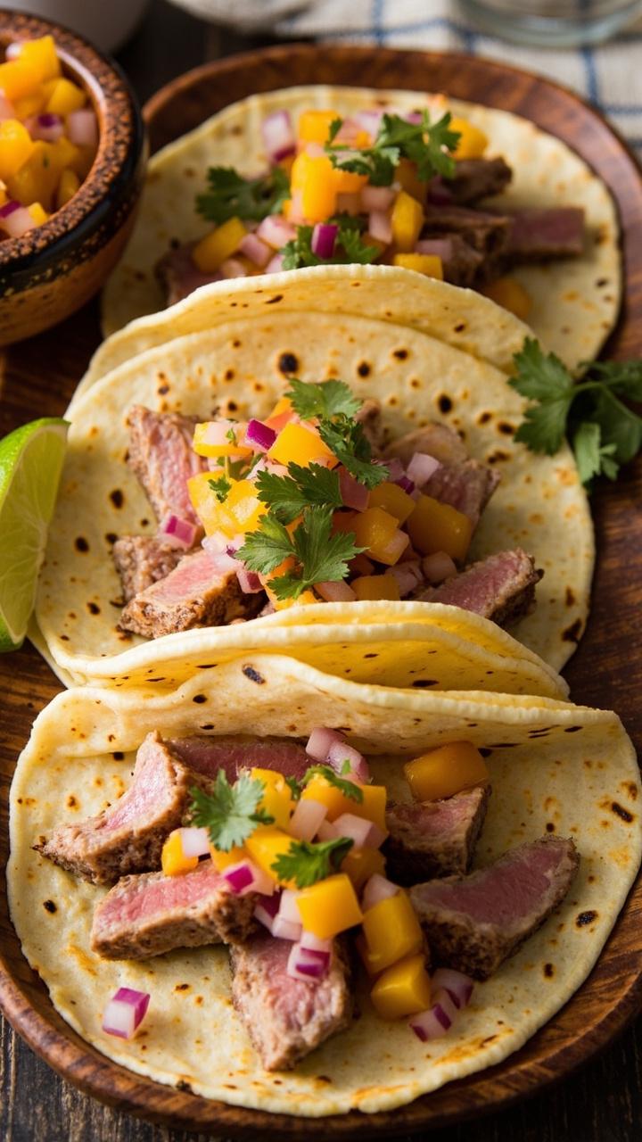 Three warm corn tortillas each topped with sliced seared tuna, bright mango salsa with red onion and cilantro, a lime wedge, a small bowl of extra salsa on the side