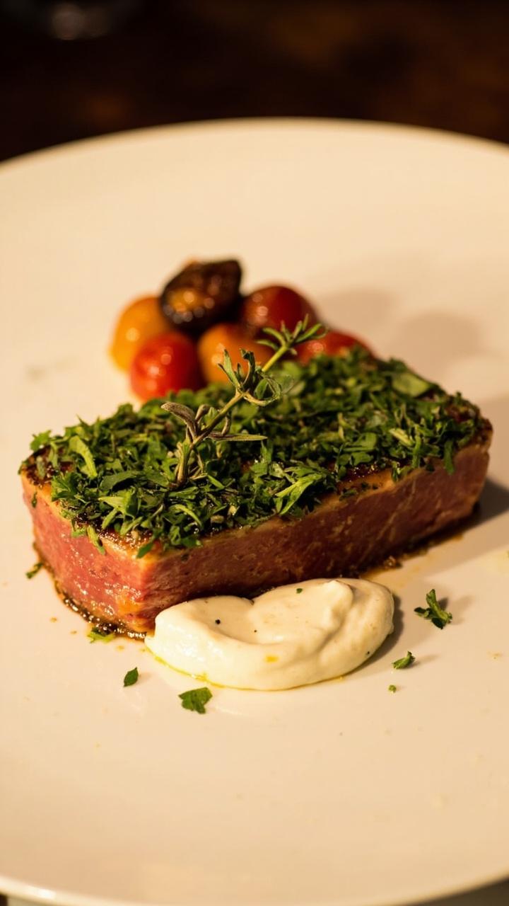 A tuna steak crusted with green herbs served on a round plate with a dollop of pale lemon yogurt sauce, a small pile of roasted cherry tomatoes, a sprig of thyme on top
