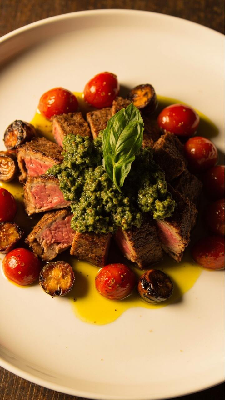 A tuna steak coated in bright green pesto cut into medallions on a white plate, a few halved roasted cherry tomatoes, a drizzle of extra virgin olive oil, a basil leaf for garnish