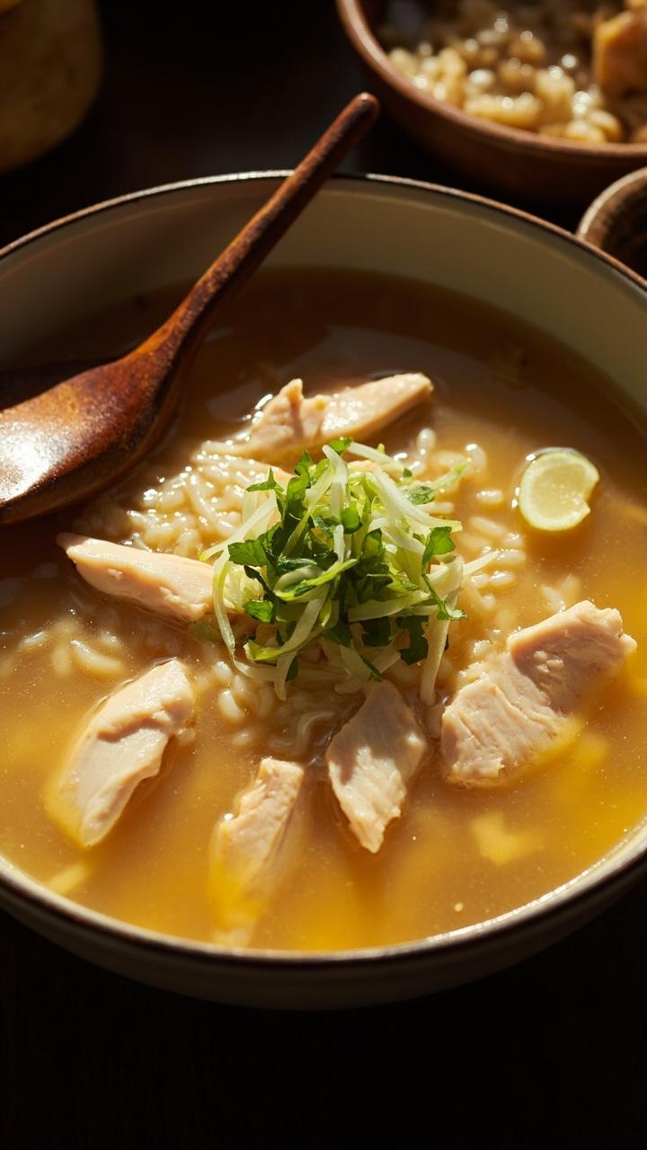 A deep soup bowl holding a pale golden chicken broth with poached chicken slices, tender rice, thin coins of ginger, and a scattering of sliced green onions. A soup spoon rests alongside.
