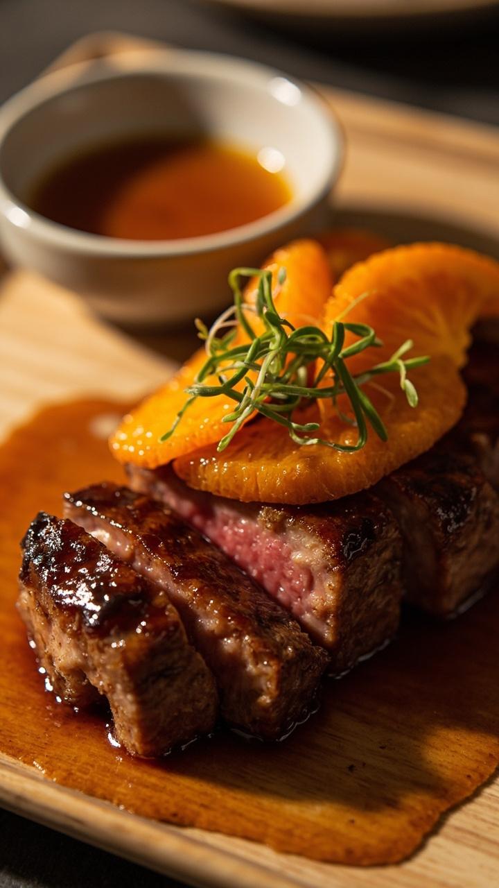 A sliced tuna steak with a glossy citrus soy glaze on a light wood plate, thin orange segments and a few microgreens scattered on top, a small bowl of extra marinade to the side