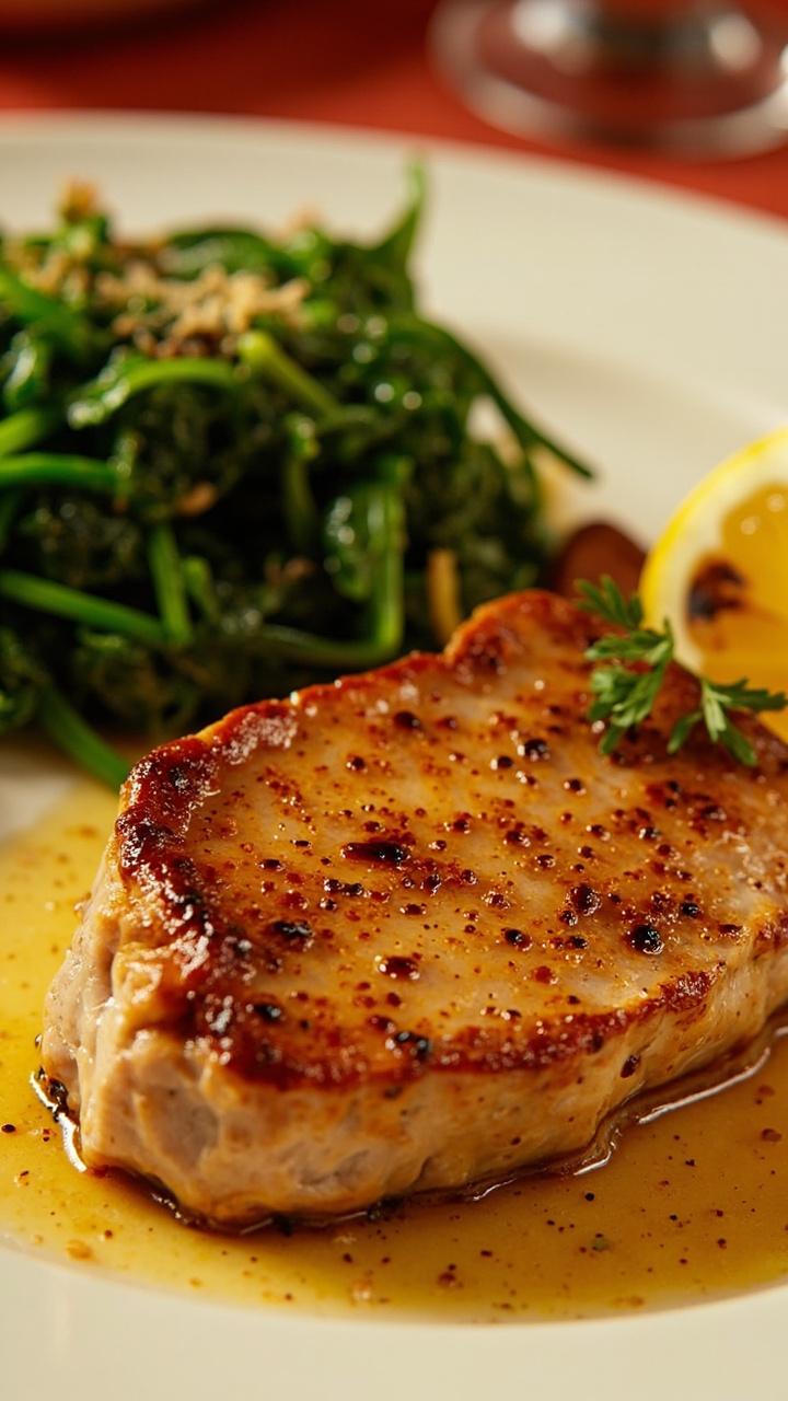 A tuna steak on a warm plate with a glossy garlic butter sauce spooned over, a side of buttery sautéed spinach, a sprinkle of chopped parsley and a lemon wedge