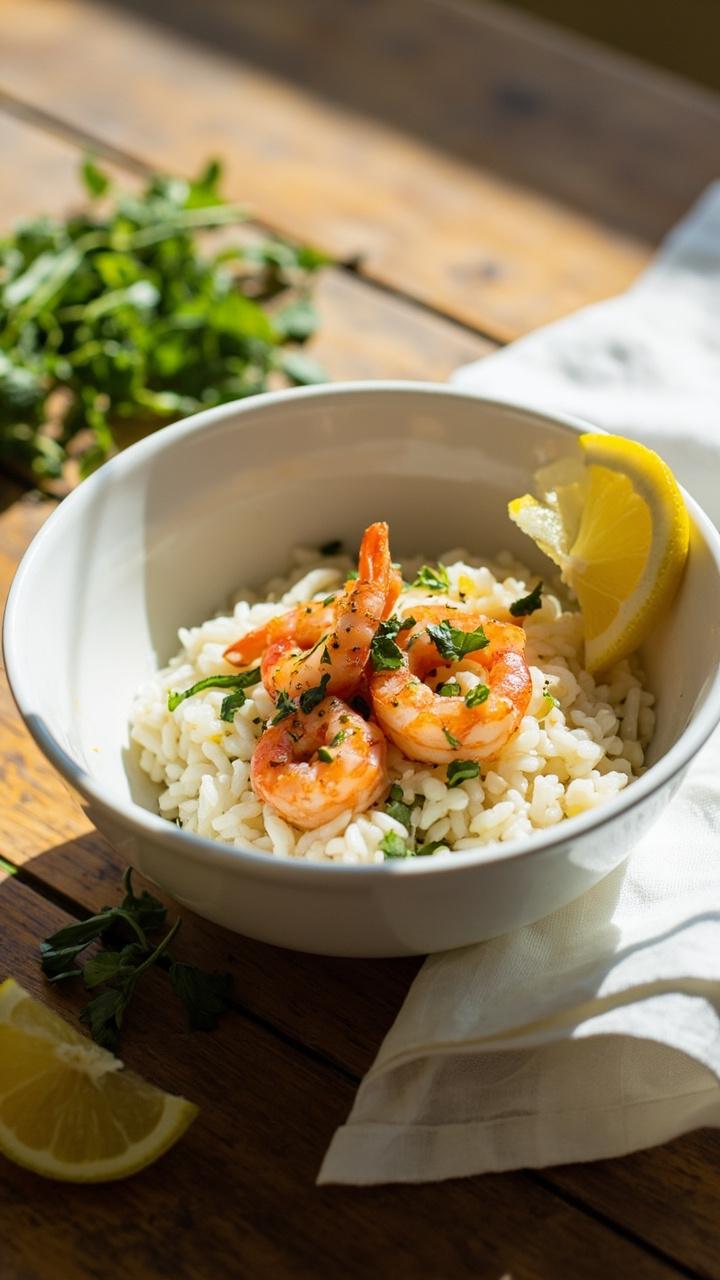A shallow white bowl with a mound of fluffy white rice topped with glossy pink shrimp tossed in chopped parsley and lemon zest. Thin lemon wedges on the side and a scattering of green herb leaves. Soft natural light on a wooden table with a linen napkin.
