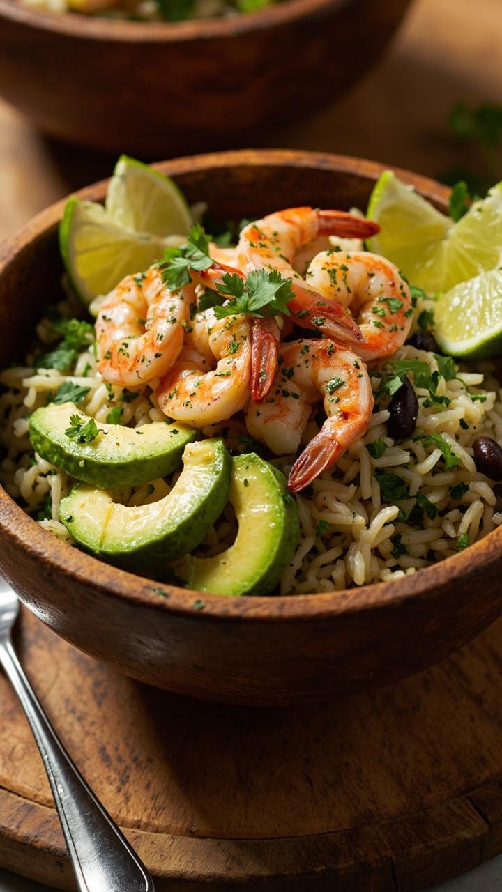 A deep bowl layered with cilantro lime rice, sliced avocado, a neat row of grilled shrimp, and lime wedges. A sprinkle of chopped cilantro and a few black beans visible for color contrast. A wooden board underneath and a fork resting at the side.