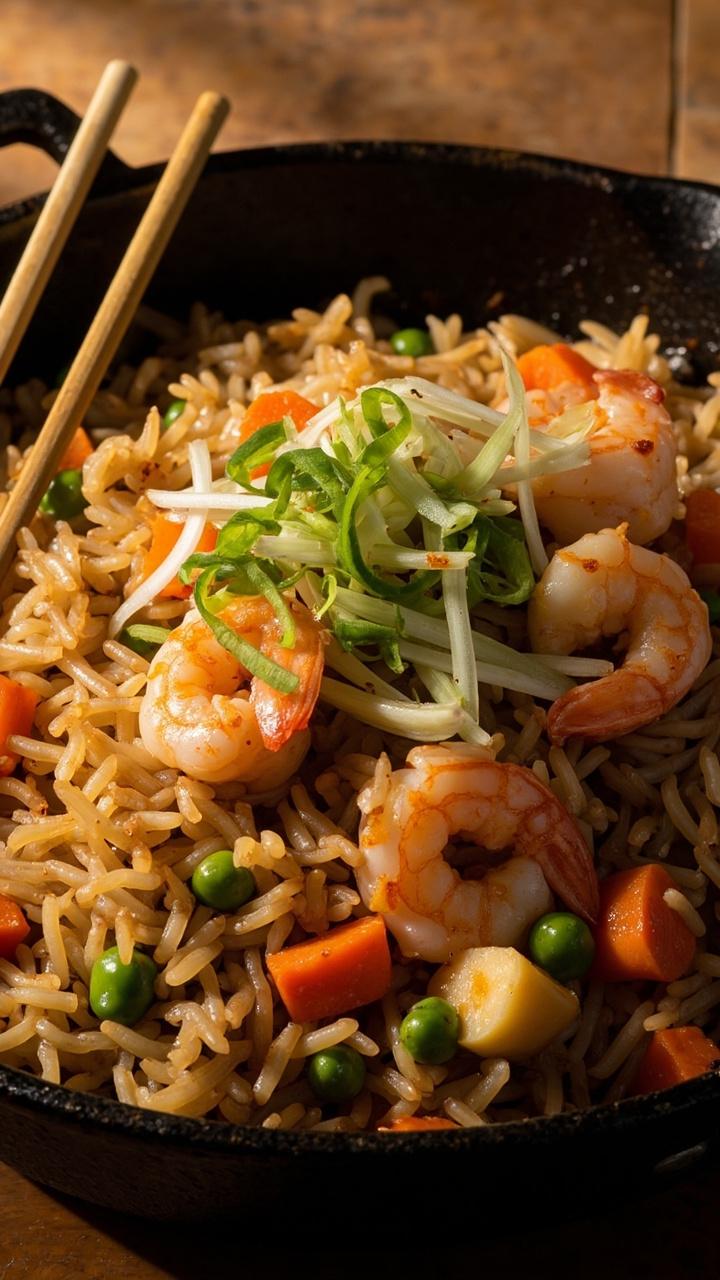 A shallow cast iron skillet full of golden fried rice studded with orange carrot cubes green peas and pink shrimp. Scattered sliced scallions on top and a pair of chopsticks to the side.