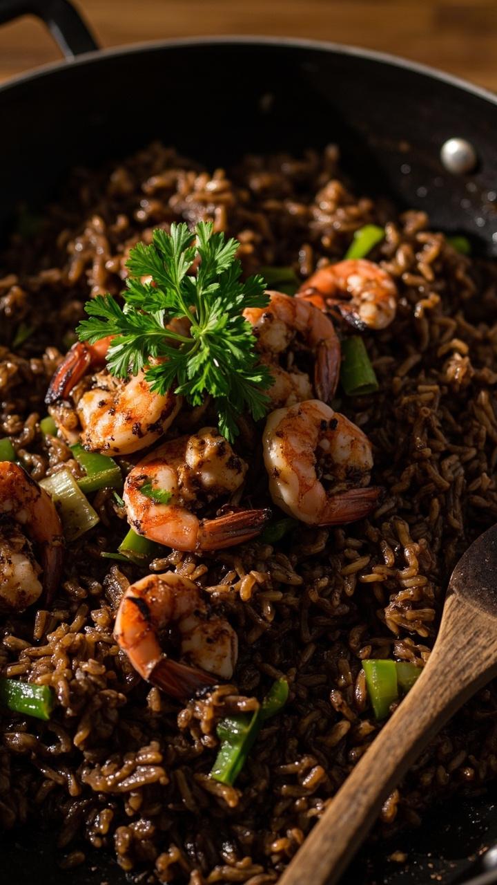 A wide skillet of dark seasoned rice studded with shrimp and bits of green bell pepper and celery. A sprig of parsley on top and a rustic spoon for serving.