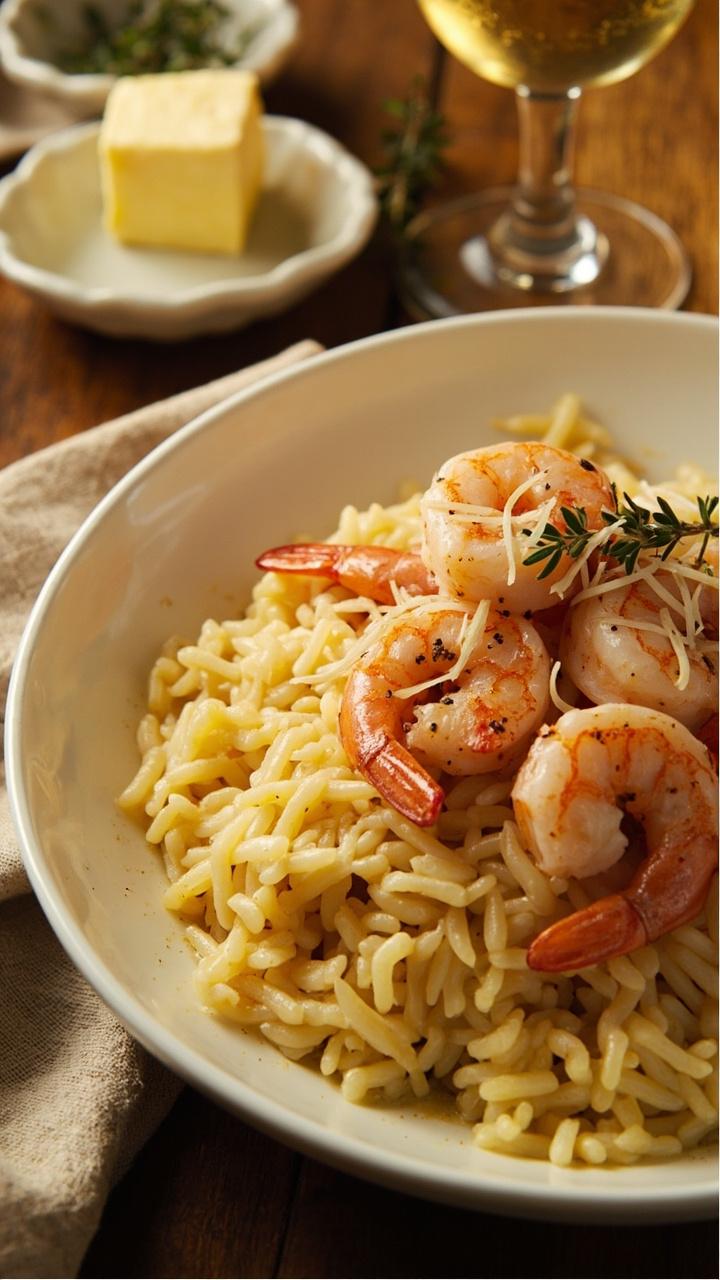 A shallow bowl with creamy pale yellow parmesan rice topped with glossy garlic butter shrimp. A few shavings of parmesan and sprigs of thyme scattered on top. A linen napkin and a small butter dish beside the bowl.