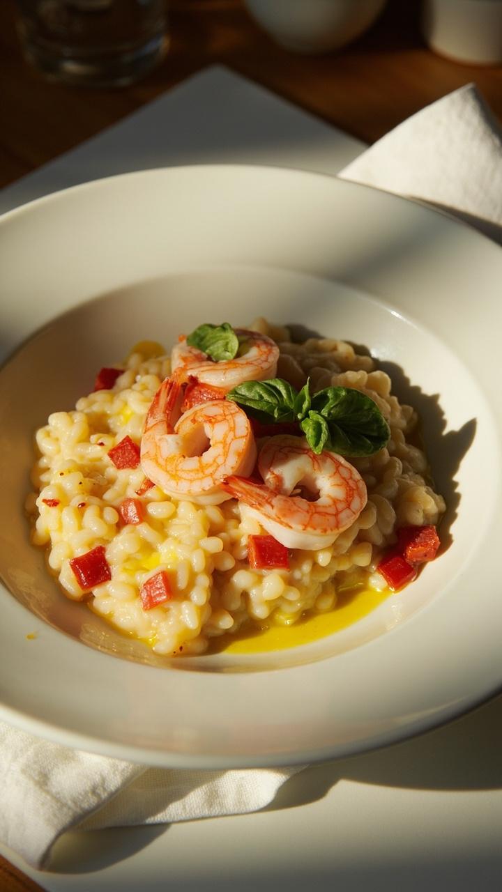 A shallow white plate of creamy risotto flecked with crushed tomato pieces and topped with three pink shrimp and a few whole basil leaves. A drizzle of olive oil on top and a soft shadow from a nearby napkin.