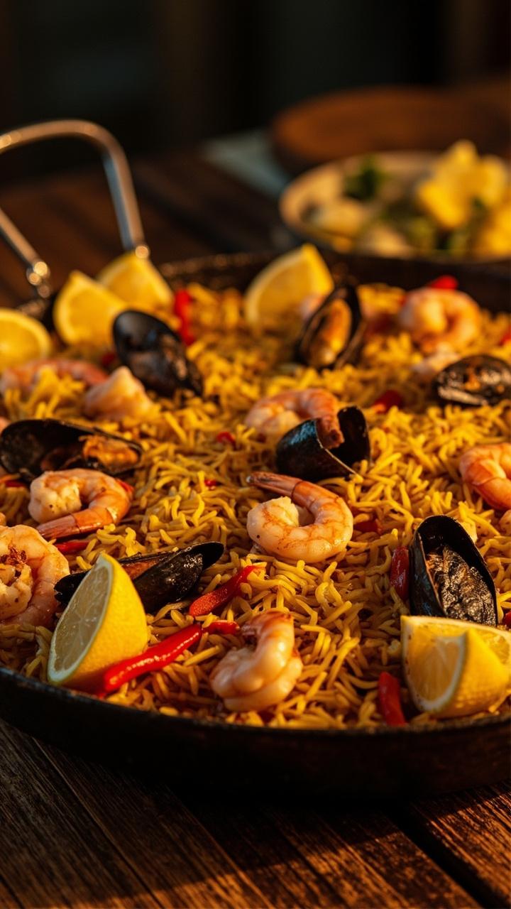 A wide shallow paella pan filled with golden saffron rice dotted with shrimp mussels and roasted red pepper strips. Lemon wedges arranged around the edge and a rustic table beneath.