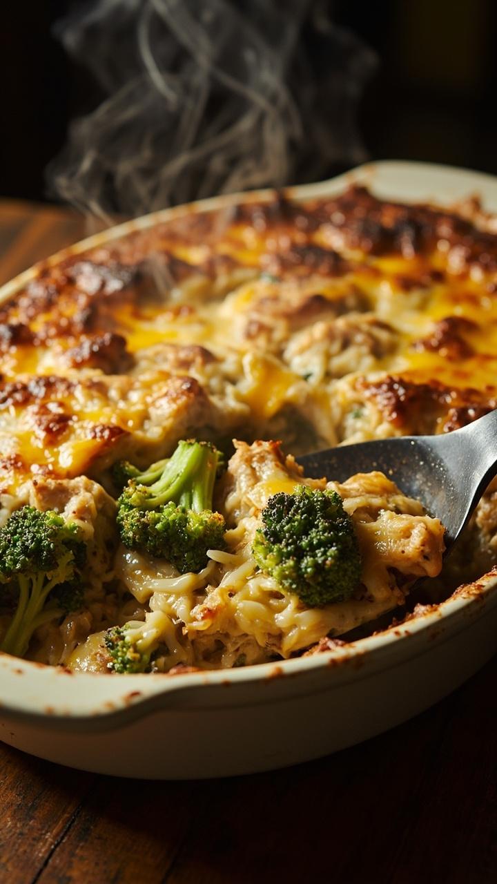 A bubbly casserole dish, golden brown on top, with visible pockets of gooey melted cheese, broccoli florets, and chunks of tender chicken in creamy rice. A serving spatula rests in the dish.