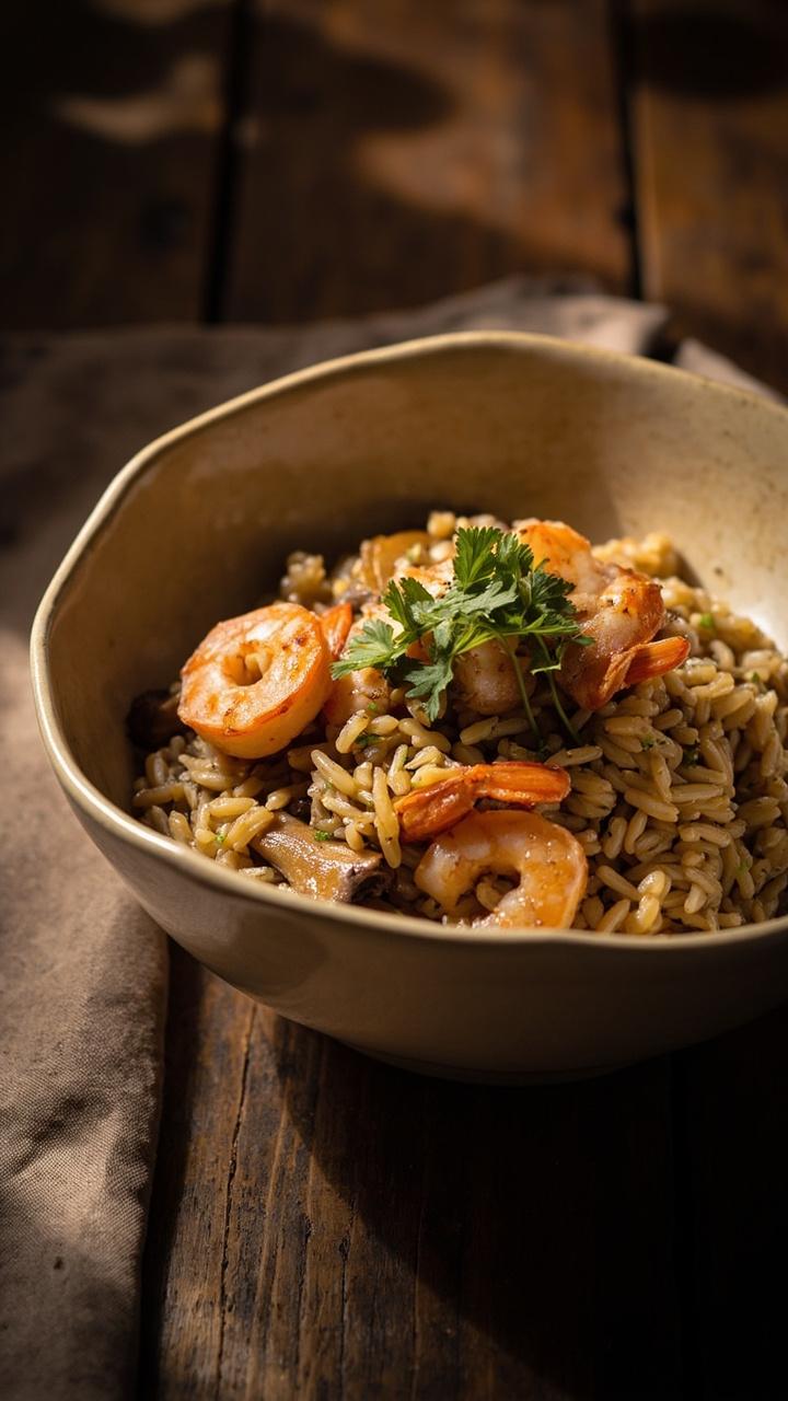 A deep bowl showing speckled brown rice mixed with sliced golden mushrooms and pink shrimp on top. A sprinkle of chopped parsley and a neutral napkin beside the bowl.