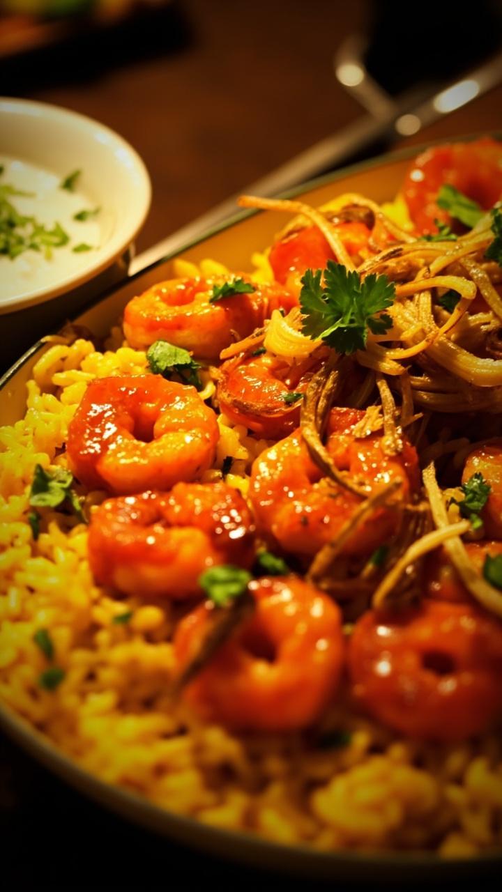 A shallow serving dish with layers of golden basmati rice and bright orange shrimp. Slivers of fried onion and chopped cilantro scattered on top. A small bowl of cooling raita at the side.