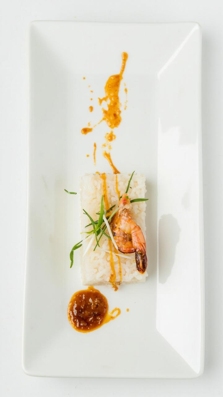 A rectangular plate with a neat block of sticky rice next to a small pile of glazed shrimp. A drizzle of sauce on the plate and sliced scallions sprinkled on top. Minimal props for a clean look.