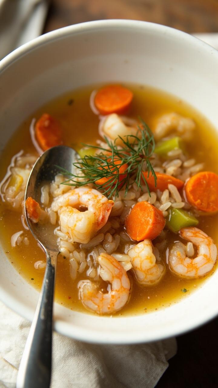 A deep bowl full of clear golden broth with visible wild rice strands chunks of shrimp and diced carrots and celery. A sprinkle of fresh dill or parsley and a soup spoon resting on a linen napkin.