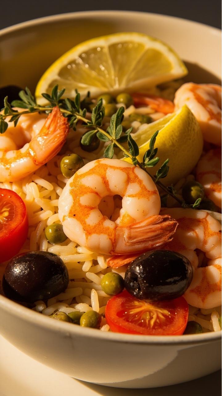 A shallow bowl of pale yellow lemon rice topped with shrimp cherry tomato halves sliced kalamata olives and a few capers. A lemon wedge and a sprig of oregano for garnish.