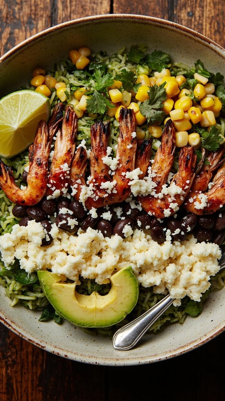 A wide bowl with a base of green cilantro rice topped with rows of grilled shrimp black beans corn salsa avocado and a lime wedge. A sprinkle of cotija cheese and a fork at the edge.